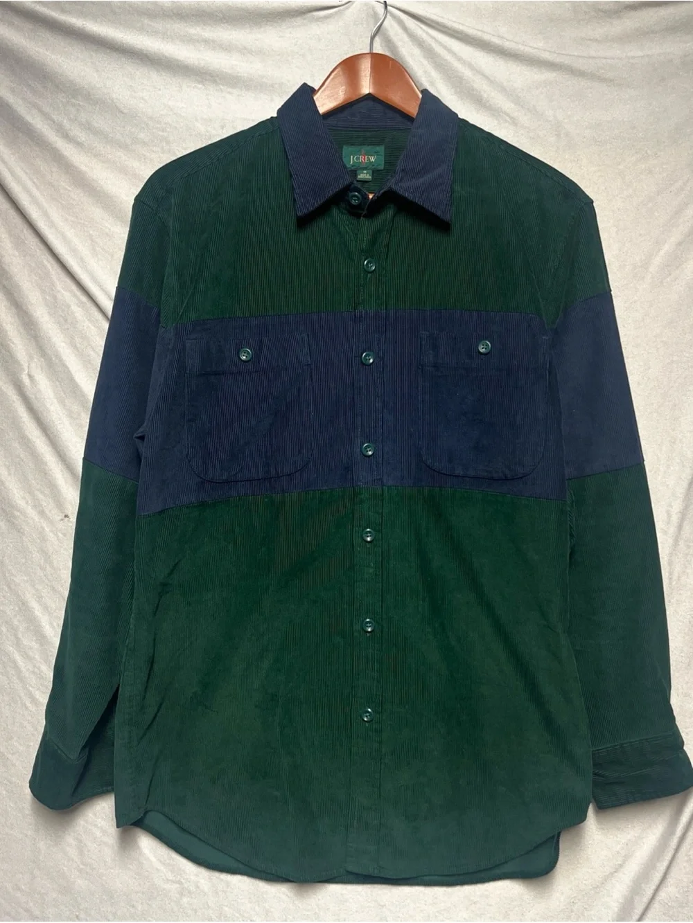J.crew BU903 Mid weight corduroy work shirt Color block Men's Sz M green blue
